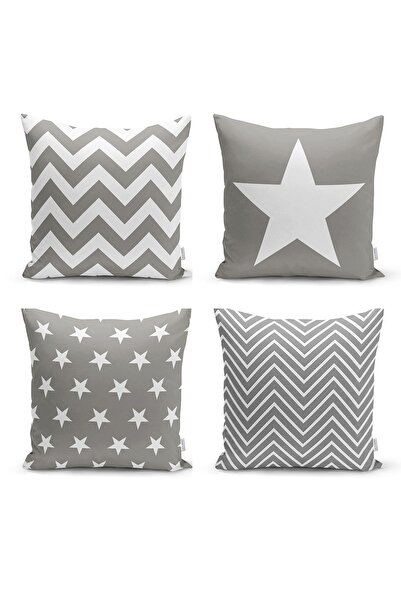 Realhomes 4-Piece Gray Zigzag and Star Motif Modern Pillow Throw Pillow Cover...
