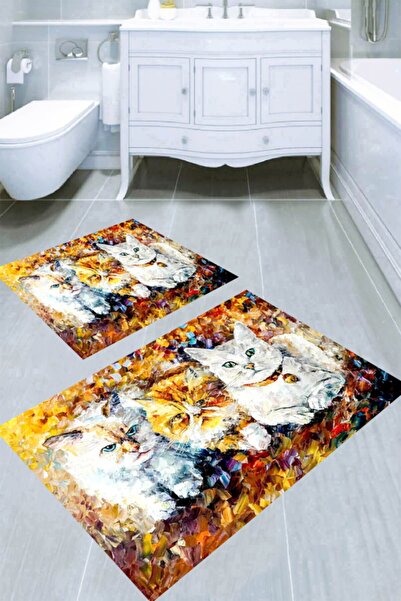 Resmiro Yağlı Boya Kedi Desenli 2li Banyo Paspası (50x60 Cm - 60x100 Cm)