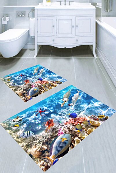 Resmiro Su Altı Dünyası Desenli 2li Banyo Paspası (50x60 Cm - 60x100 Cm)