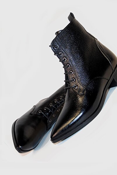 TUNAELLİ Hakiki Doğal Deri Bağcıklı Siyah Kadın Bot