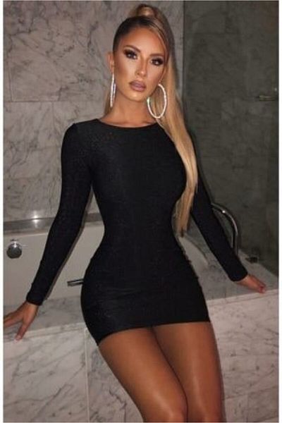Secret Passion Lingerie Rochie de seară neagră cu mânecă lungă din stofa flexibila stralucitoare Rochie de seară mini neagră