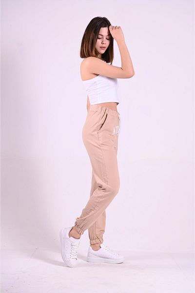 Koza Butik Women's Beige Three Thread Printed Sweatpants with Elastic Legs
