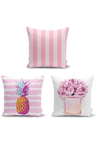 Realhomes Pembe Renkli Dekoratif 3'lü Yastık Kırlent Kılıf Seti