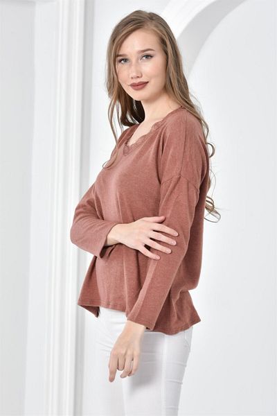 Seamoda Dusty Rose V-Neck Lace Soft Loose Blouse Sweater