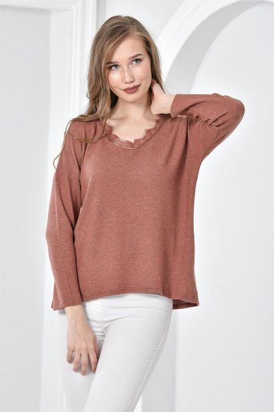Seamoda Dusty Rose V-Neck Lace Soft Loose Blouse Sweater