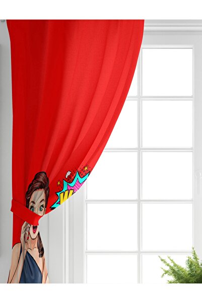Realhomes Çift Kanat Kırmızı Zeminli Popart Wow Desenli Modern Salon Fon Perdesi