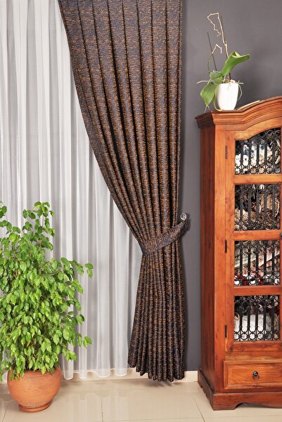 Mürdüm Perde Desenli Fon Perde Lacivert-turuncu