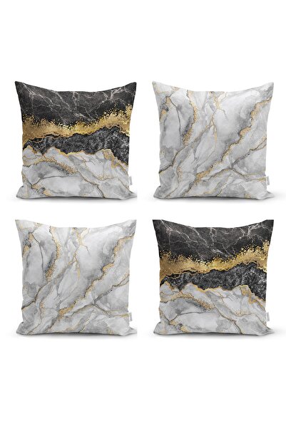 Realhomes غطاء وسادة رمي مكون من 4 قطع من الرخام باللون الأسود والفضي
