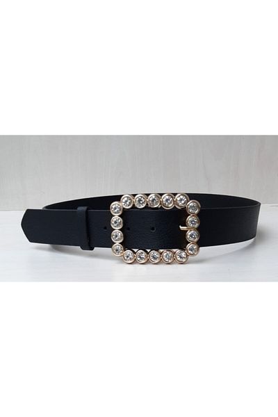 Kemerix Women's Black Belt with Square Stone Gold Buckle