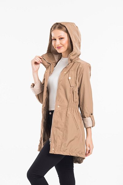 ladyzey Women's Hooded Elastic Waist Foldable Sleeve Lined Trench Coat
