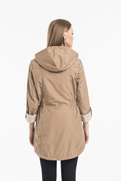 ladyzey Kadın Kapüşonlu Beli Lastkli Katlanabilir Kol Astarlı Trençkot