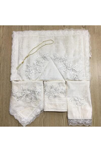 Aksuhome Kadife Seccade Takımı 5 Parça Fransız Güpürlü Bohça Seti