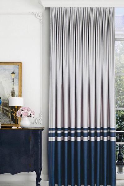 Mürdüm Perde Lacivert Gri Etek Bantlı Modern Saten Fon Perde