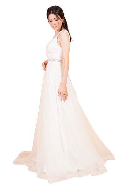 SpringStore Rochie de seara cu bretele decoltate ecru