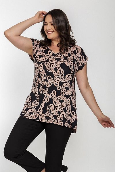 Seamoda V-Neck Chain Pattern Short Sleeve Blouse-pink/black