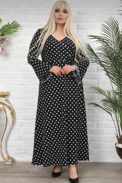 Şirin Butik Γυναικείο φόρεμα με μαύρο πουά μοτίβο με διπλό γιακά με μανίκια