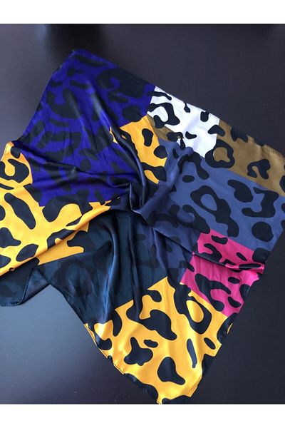 NFS BUTİK Multicolored Leopard Patterned Silk Satin Scarf