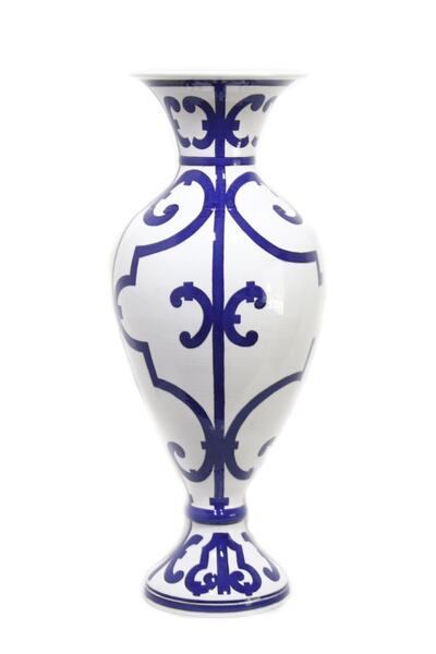 OTANTİK ÇİNİ Mavi Çizgili Dekorlu Dekoratif Elhamra İznik Vazo 28x75 cm