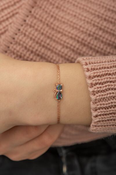 Nereze 925 Ayar Mistik Topaz Taşlı Kedi Kadın Gümüş Bileklik