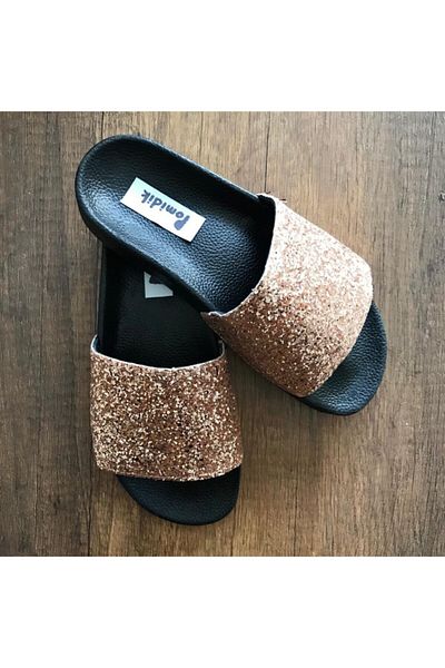 Pomidik Women's Bronze Glittery Shiny Single Strap Summer Slippers