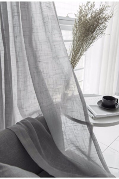 Ran Perde Modern Keten Tül Perde - Şantuk Desenli - Gri