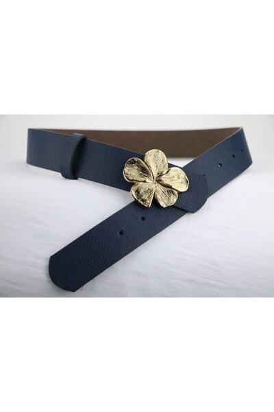 LENA KEMER Gold Çiçek Tokalı Lacivert 4 Cm Kadın Kemer