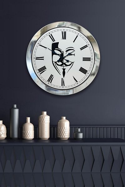 Kasva Concept Gift 36 cm Chrome Metal Mask Wall Clock