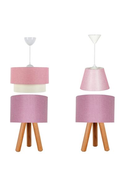 EvLight Üçlü Abajur Avize Seti 3 Ayaklı Abajur Masa Lambası Pembe