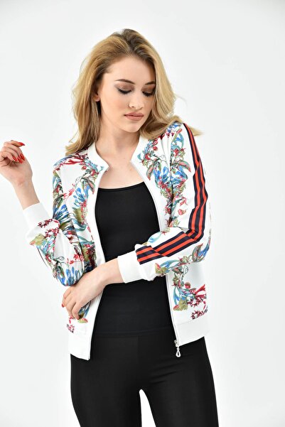 Pousse Collection Kadın Ekru Digital Baskılı Fermuarlı Sweatshirt