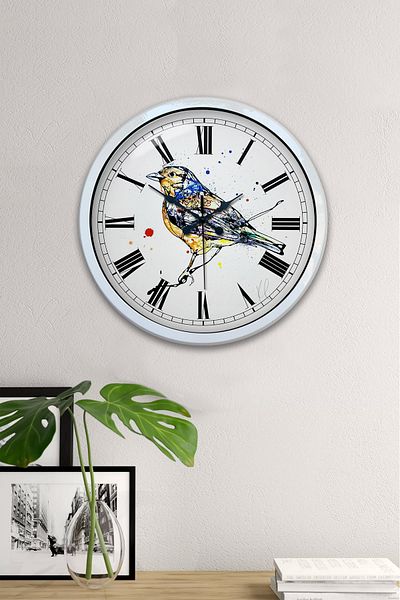 Kasva Concept Gift 40 cm White Metal Bird Drawing Wall Clock