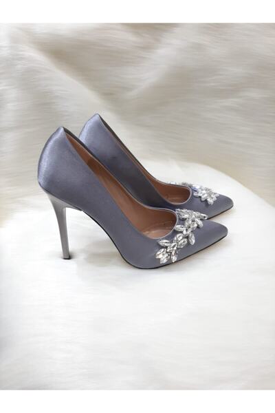 HAVVA SHOES Kadın Gri Saten Taşlı Ince Topuklu Ayakkabı
