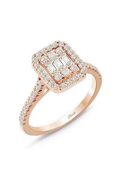 Lilarote Pırlanta Kadın  Rose Gold  Baget Kare Tektaş Yüzük