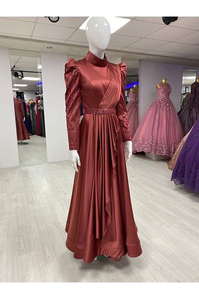 suenna New Season Shiny Satin Hijab Evening Dress with Bead Embroidered Sleeves and Pleat Detail on the Shoulder