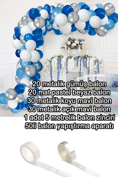 Parti dolabı Balloon Party 100 Pieces White Blue Gray Navy Blue Metallic Balloon And Balloon Chain