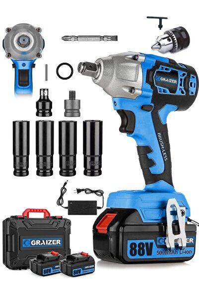 Graizer Alman 88 V 5 Ah Akülü Somun Bijon Sökme Takma Sikma Matkap Kömürsüz Akülü Vidalama Madren Dahil Set