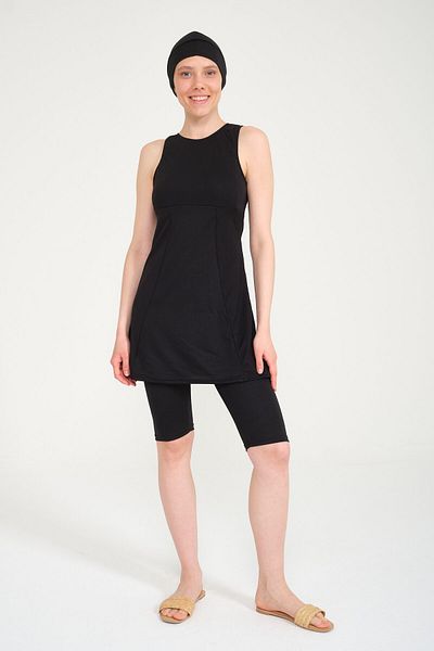 AYSU Women's Black Sleeveless Hijab Swimsuit Set with Skirt, Leggings and Bonnet