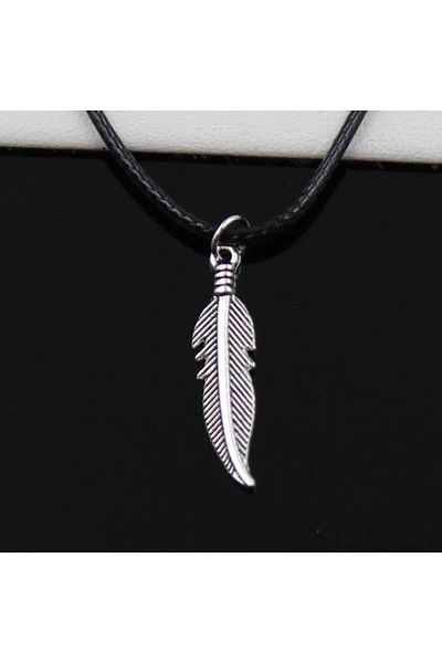 The Collection Silver Feather Model Black Leather String Necklace