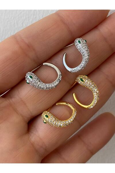 Esmeray Aksesuar Vip Çelik Gold Renk Zirkon Taş Yılan Tasarım Antialerjik Küpe Genişlik 1 Cm.