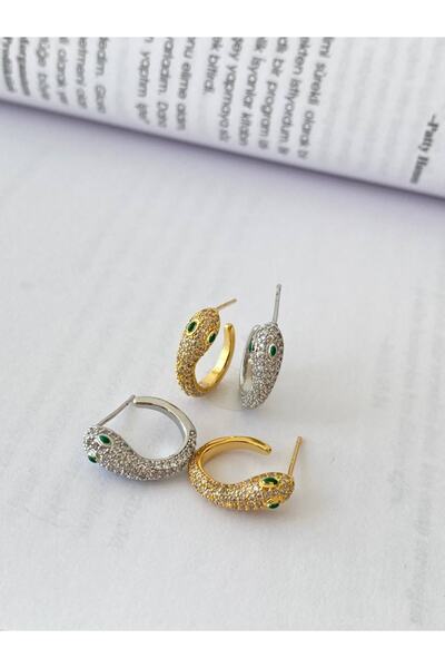 Esmeray Aksesuar Vip Çelik Gold Renk Zirkon Taş Yılan Tasarım Antialerjik Küpe Genişlik 1 Cm.