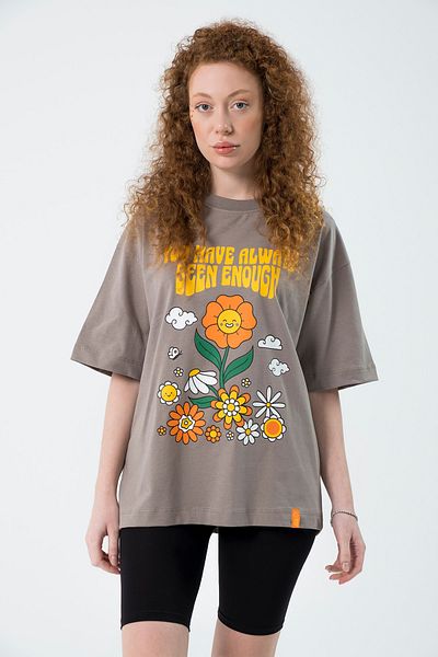 Eazy Co Eazy Stone Gray Happy Flowers Unisex Extra Oversize Printed Short Sleeve T-shirt