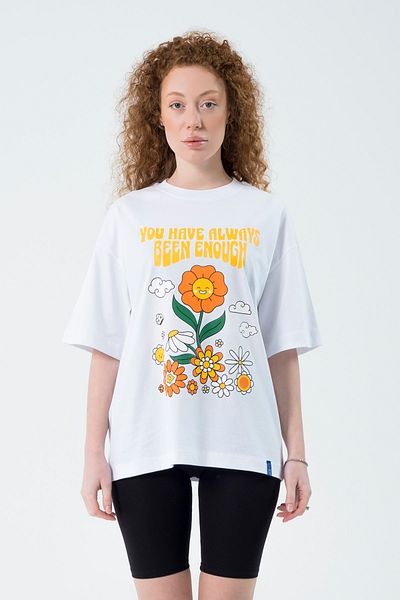 Eazy Co Tricou cu mânecă scurtă cu imprimeu extra oversize unisex Eazy White Happy Flowers