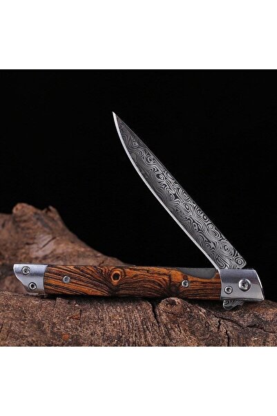 VAS.QUE M-390 Damascus Katlanabilir Özel Deri Kılıf Hediyeli Çakı
