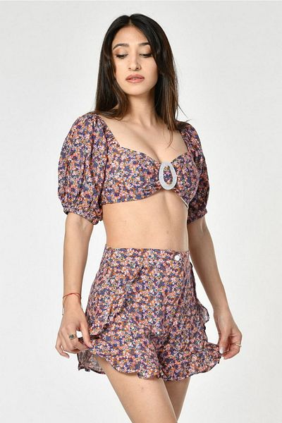 Valeur Women's Frilly Crop Suit with Shorts and Buckle Detail - Multicolored