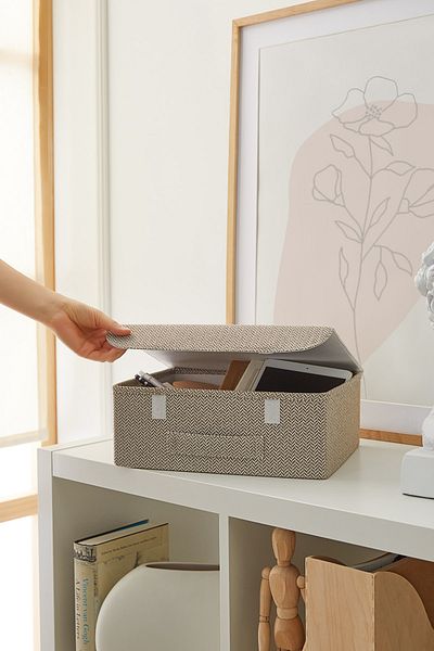 Ocean Home Textile Beige Textured Lid Cabinet Drawer Inside Jewelry Laundry Folding Storage Box Organizer 30x23x11