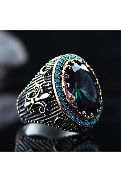 OSMANLI GÜMÜŞ Karışık Renk Mistik Topaz Taşlı Yanı Işlemeli Özel Seri Erkek G...