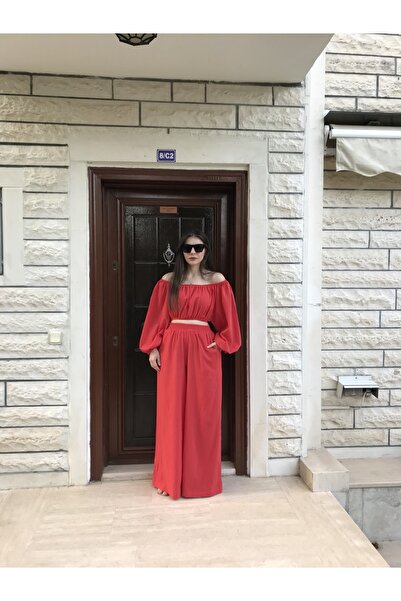 WEBBMODA Nar Çiçeği 2’li Keten Madonna Yaka Bluz Pantolon Takımı