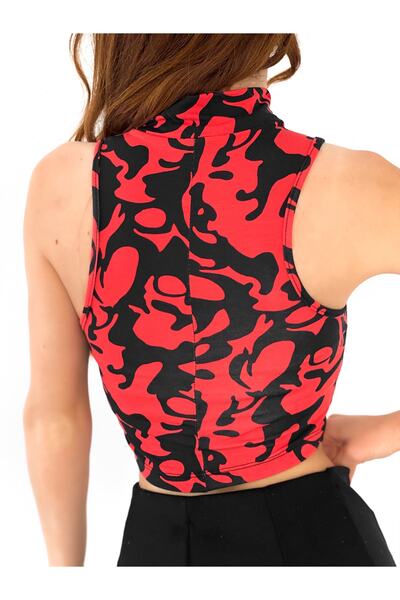 ladyzey Women's Half Turtleneck Sleeveless Red Patterned Crop Body