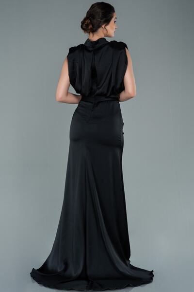 Abiyefon Siyah Dik Yaka Kolsuz Uzun Saten Abiye Elbise Abu2133