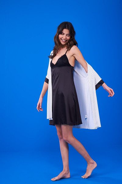 PJS طقم ثوب نوم وصباح للنساء باللون الأسود - 23142