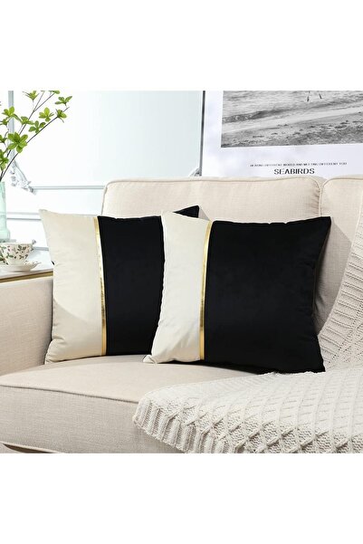 Bc Home 2'li Siyah - Krem Altın Deri Aksesuarlı Yumuşak Dokulu Lüx Kare Kırle...